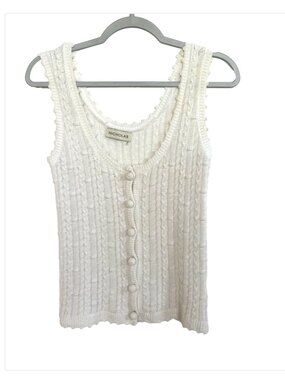 Nicholas Fine Knit Scoop Neck S/Less Top Cotton Blend White Front Buttons Sz M